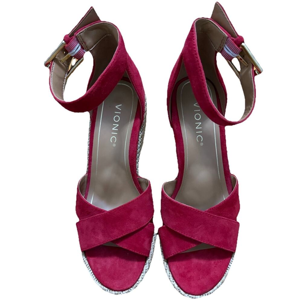 *NEW* VIONIC Woman’s Red Marina Suede Dress Jute Wedge Espadrille Sandals 6.5